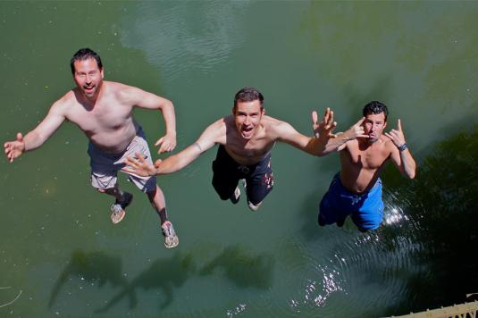 Cuzz, Brother Bear, & Brother Boo jumping backwards off the bridge